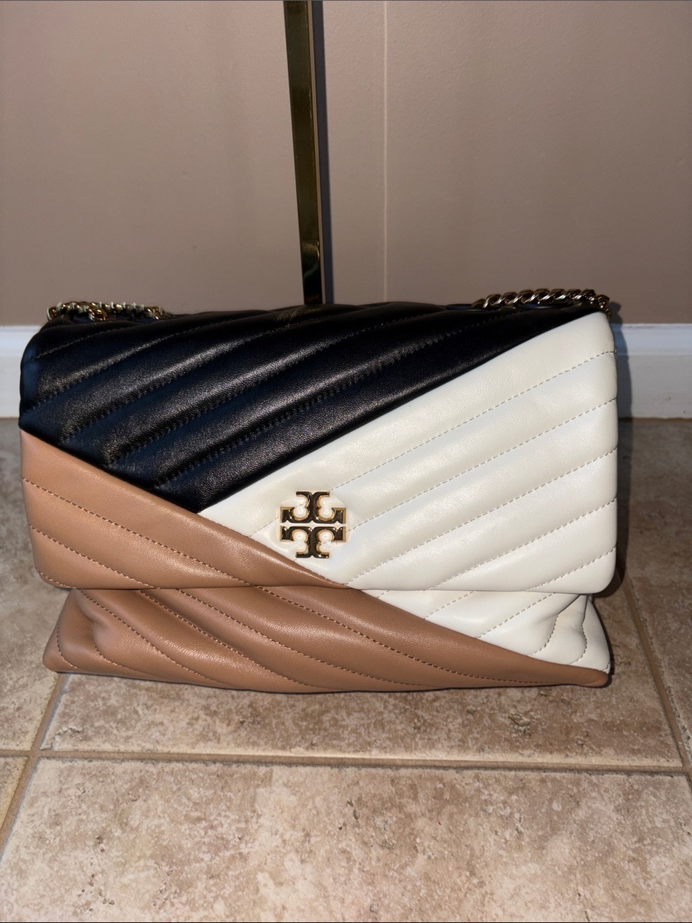 Tory Burch Tri-Color Quilted Shoulder Bag - Black, White & Tan